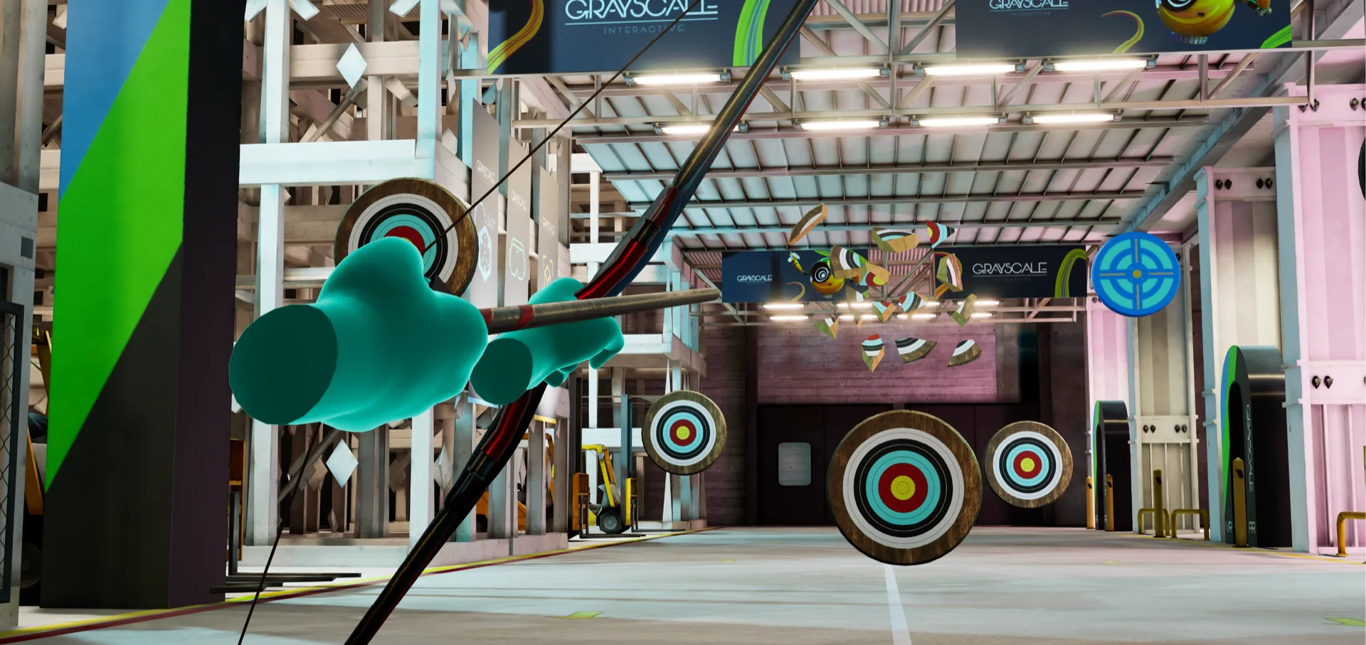 Participant using a virtual bow in a precision target shooting demo