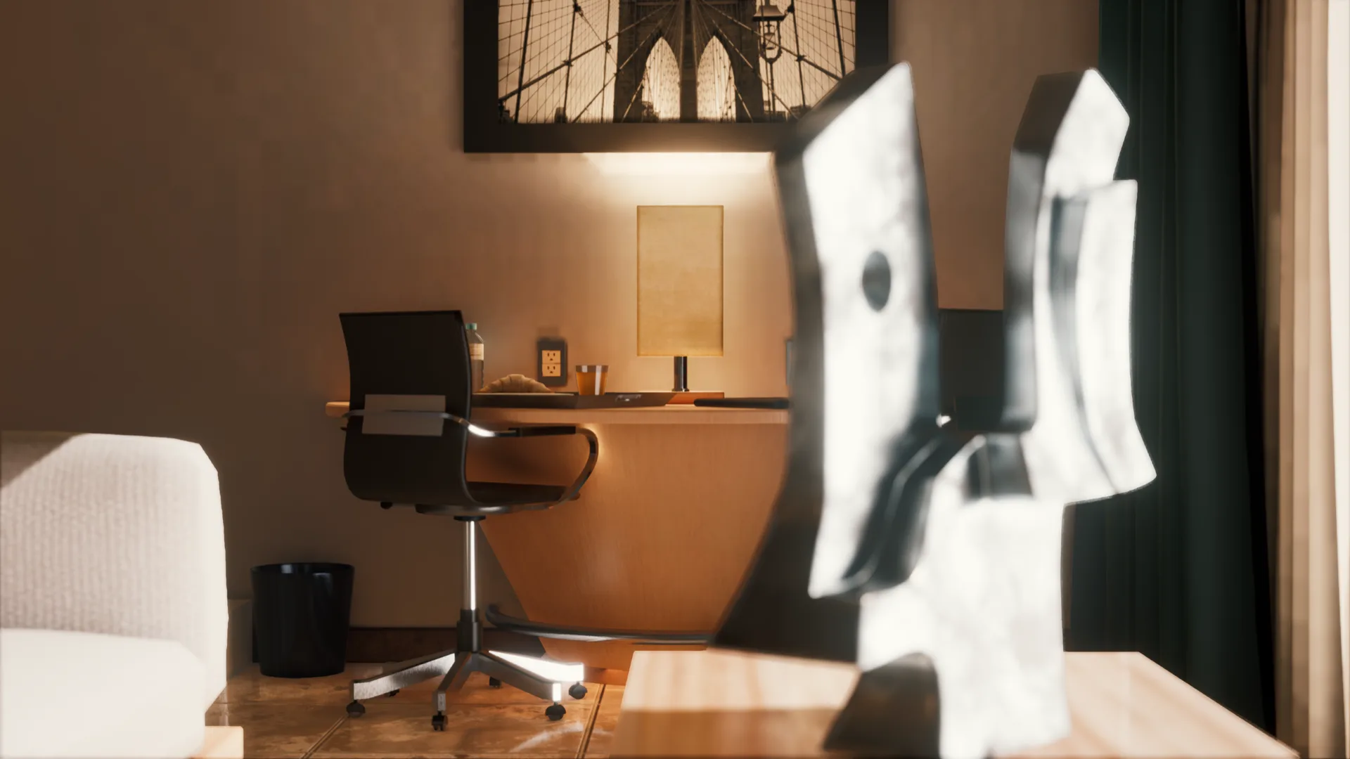 Virtual bedroom and workspace with warm architectural lighting