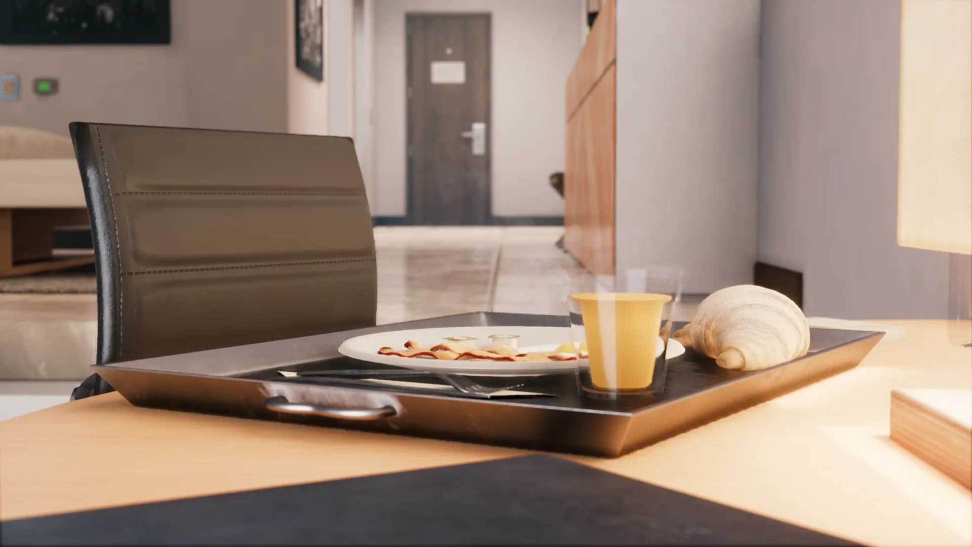 Virtual breakfast table in a sunlit architectural interior