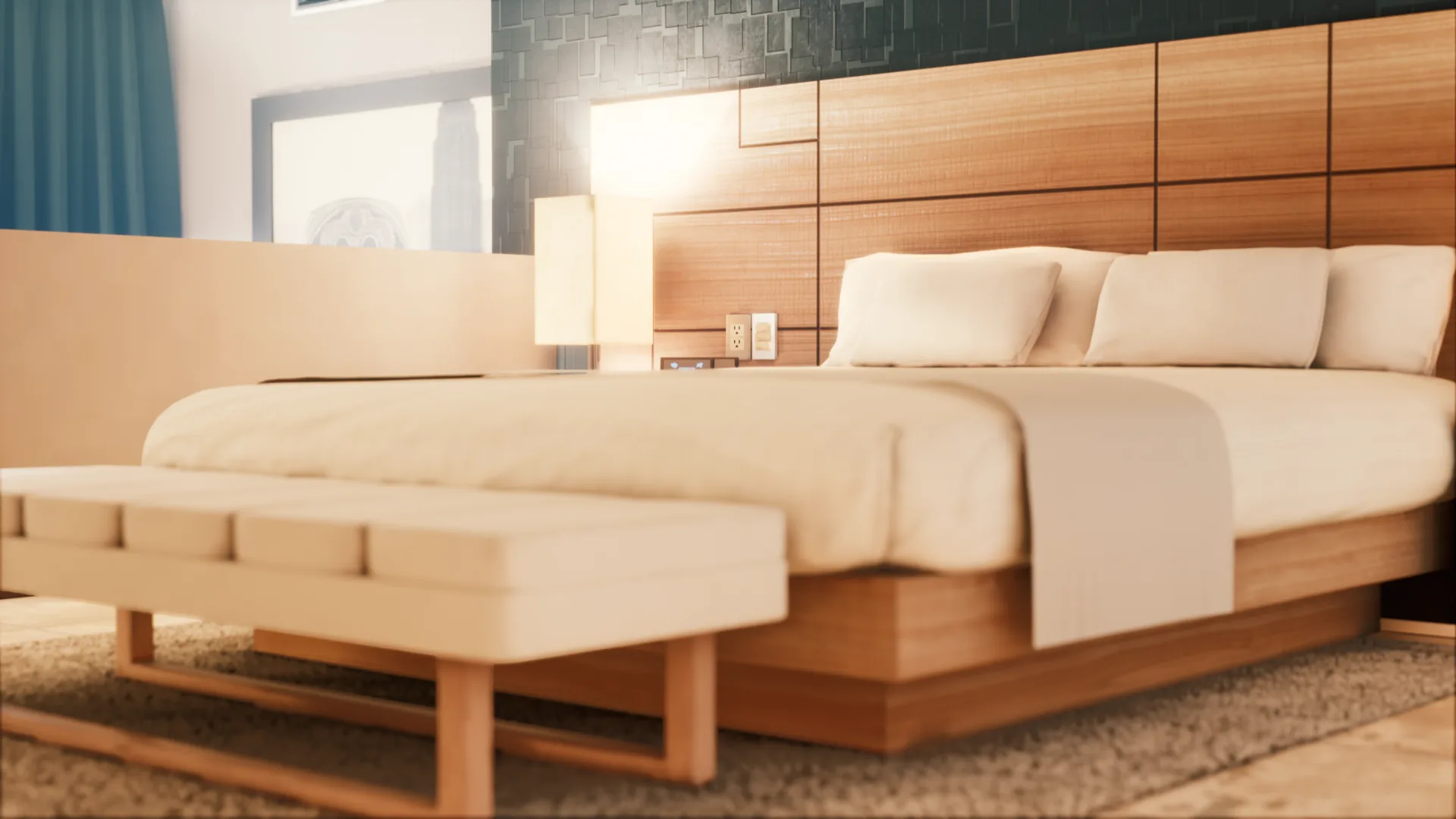 Virtual architectural interior with material and lighting options