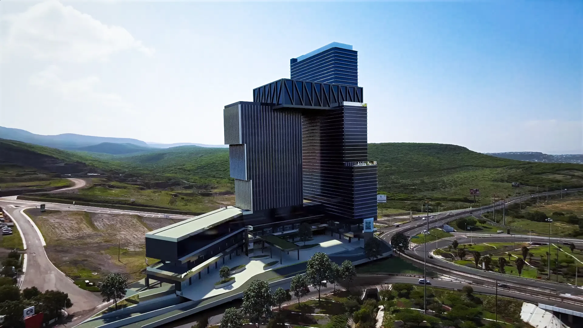 3D development view showing the building in its site context