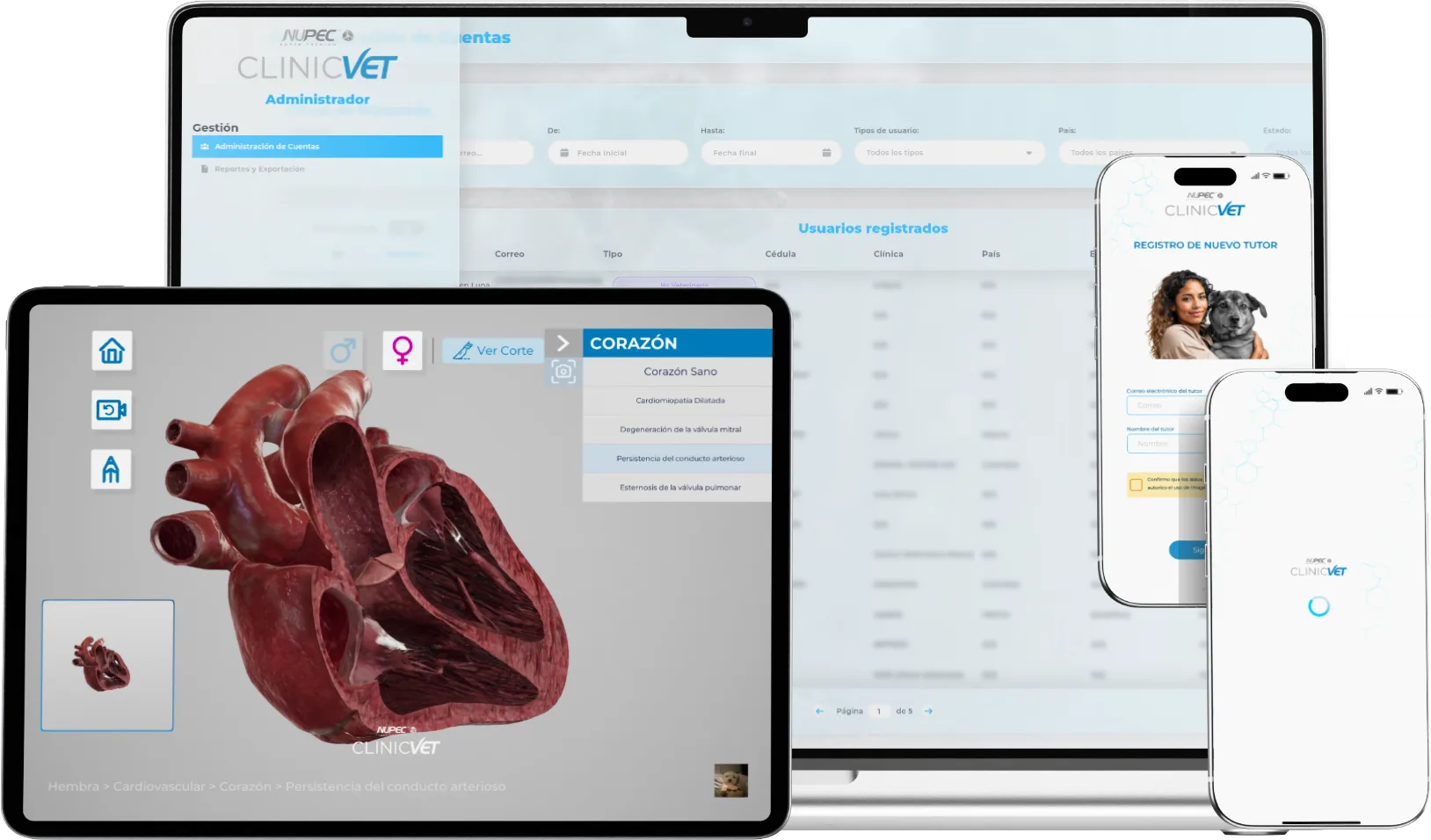 ClinicVET platform across desktop, tablet, and mobile devices